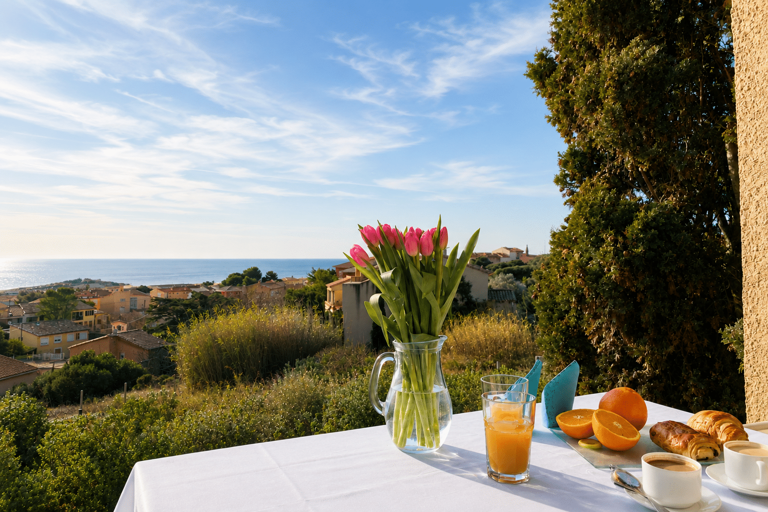 Village Vacances ULVF - Les Romarins - Appartement Petit Déjeuner terrasse avec vue mer